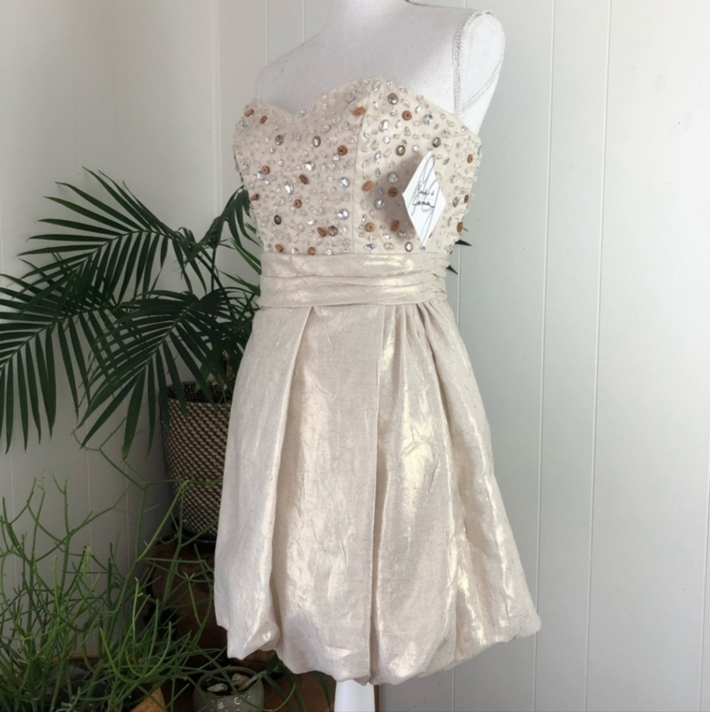 Mark + James ✦ Champagne Beaded Balloon Skirt Mini Dress ✦ Strapless Tube 4 NWT - Picture 4 of 16
